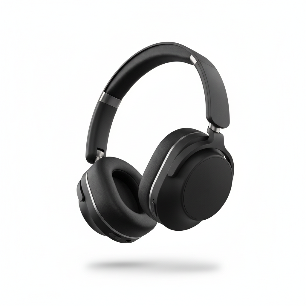 SoundWave Pro matte black wireless noise-cancelling headphones on white background